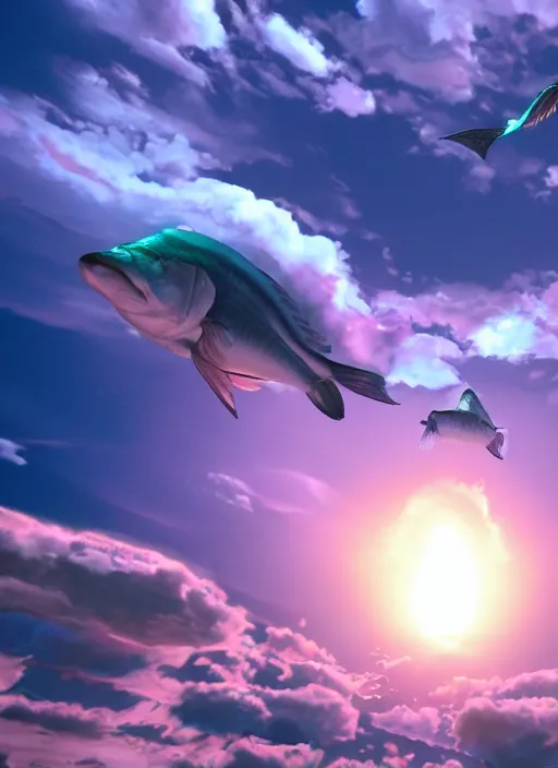 Image similar to fish flying through the clouds, sun, retro sci - fi style, vaporwave, movie still, cinematic, 8 k, unreal engine, 3 d render