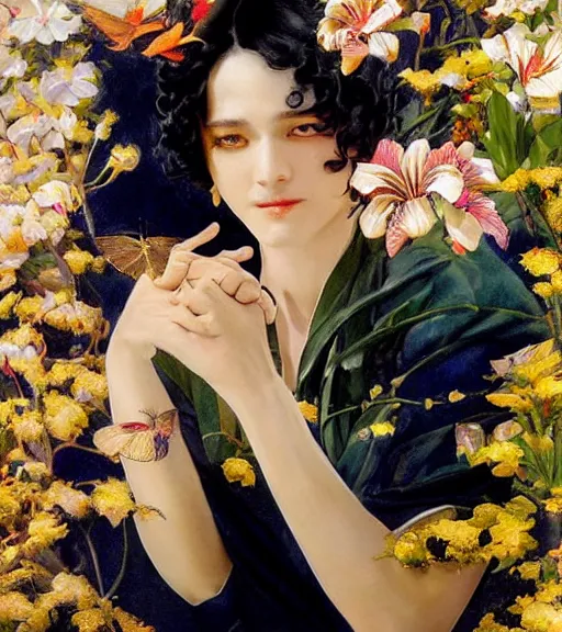 Prompt: harmony of swirly black haired yoongi wearing white greek clothes, smirking, gold earrings muted colors, colorful flowers, tropical, sunlight filtering through skin, dynamic hair movement, dynamic pose, glowing butterflies, j. c leyendecker, by alan lee, wlop! illustrated by starember, fantasy art by craig mullins