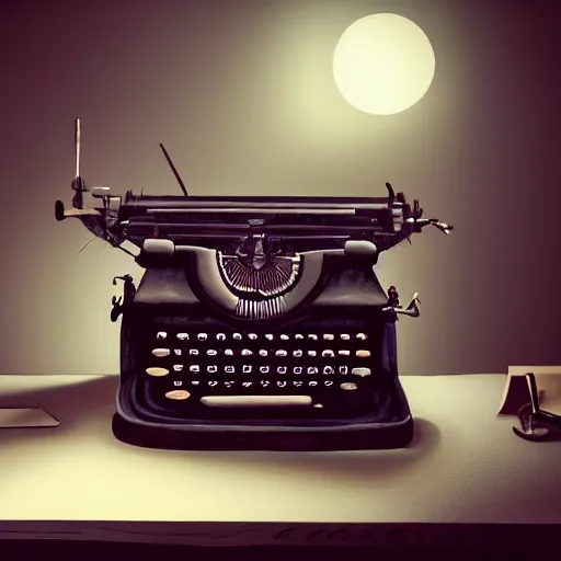 Prompt: painting of a typewriter on a desk in a dimly lit room, volumetric lighting, style of greg rutkowski
