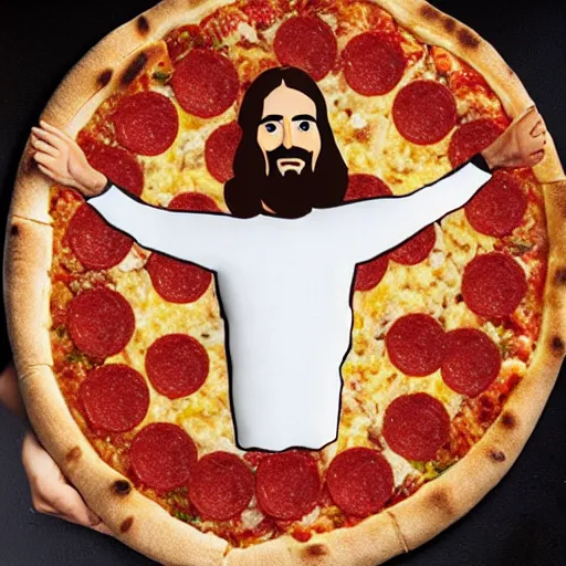 Image similar to Jesus eating pizza