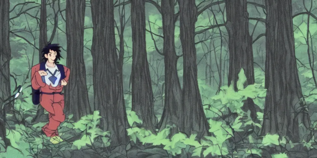 Image similar to a still of a 90s OVA of a man with black hair in a forest