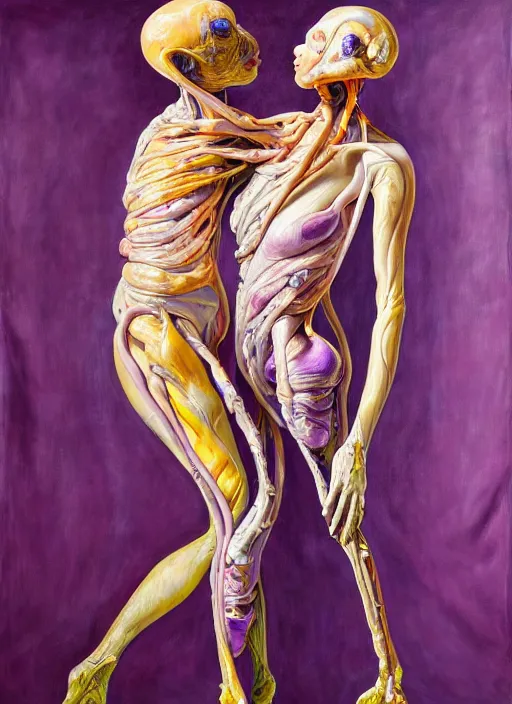 Prompt: a surreal biomorphic painting of two humanoid figures with extra limbs entwined in an embrace by jenny saville and charlie immer, draped in purple and gold silk, highly detailed, emotionally evoking, rendered in octane