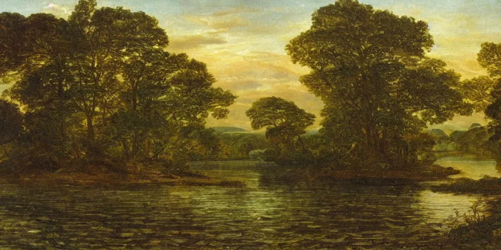 Prompt: landscape of a forested island in a calm sea, well lit, detailed, cinematic lighting, pre - raphaelite, oil painting