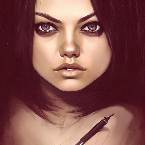 Prompt: a closeup portrait of a young mila kunis, femme fatale, gorgeous view, night, film noir, eerie, high detail, sharp, masterpiece by artgerm and greg rutkowski and alphonse mucha, digital art, trending on artstation