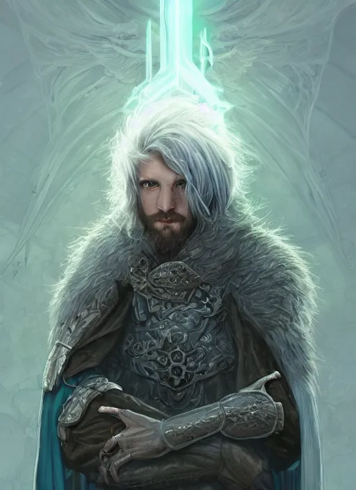 Prompt: Portrait of hexblade warlock Paladin, white glowing eyes, silver shaggy hair, short brown, scruffy beard, cloak, teal ethereal tendril wings, male, fantasy, extremely detailed, digital painting, artstation, concept art, smooth, sharp focus, illustration, stunning lighting, art by artgerm and greg rutkowski and alphonse mucha and simon stalenhag, realistic character concept, high fantasy, light atmosphere, golden ratio, cinematic lighting, hyperdetailed, high resolution, insanely detailed and intricate, artstation, Marc Simonetti, Greg Rutkowski