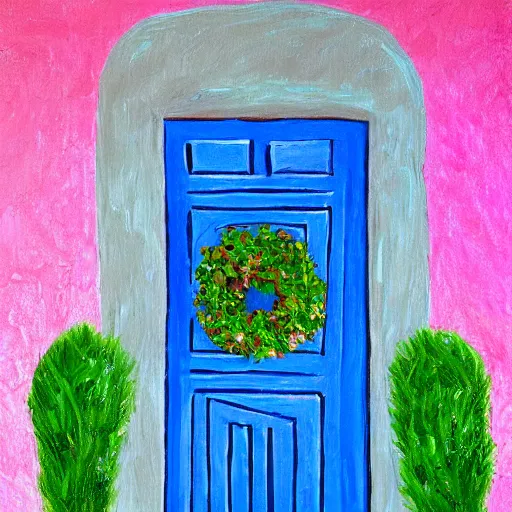 Image similar to painting of a european blue door surrunded by bougainvillea award winning fuzzy