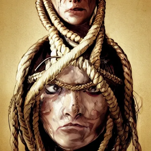 Image similar to portrait of a Shibari rope wrapped face and neck, headshot, insanely nice professional hair style, dramatic hair color, digital painting, of a old 15th century, old cyborg merchant, amber jewels, baroque, ornate clothing, scifi, realistic, hyperdetailed, chiaroscuro, concept art, art by Franz Hals and Jon Foster and Ayami Kojima and Amano and Karol Bak,