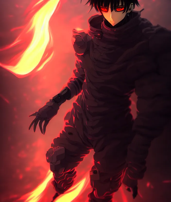 Image similar to a detailed manga illustration character full body portrait of a dark haired cyborg anime man shrouded in clouds of dark smoke and fire, trending on artstation, digital art, 4 k resolution, detailed, high quality, sharp focus, hq artwork, insane detail, concept art, character concept, character illustration, full body illustration, cinematic, dramatic lighting