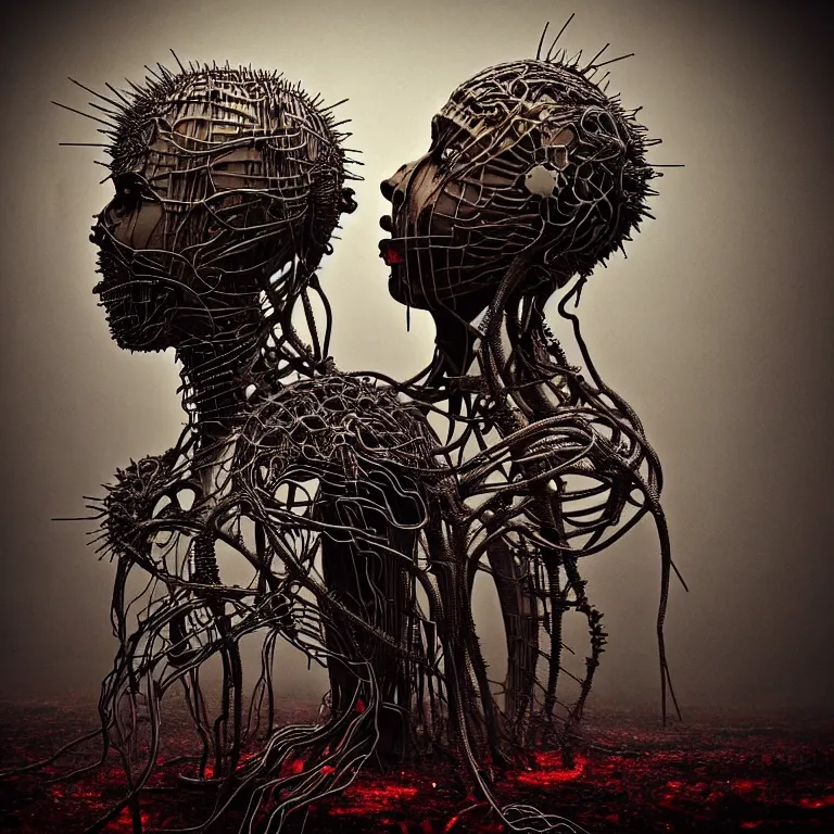 Image similar to portrait of abandoned ribbed organic biomechanical sculpture of two kissing cyborgs, covered with wires, spines, roots, ash, mold, meat, red smoke, baroque painting, standing in a desolate empty wasteland, creepy, nightmare, dream-like heavy atmosphere, dark fog, surreal abandoned buildings, baroque painting, beautiful detailed intricate insanely detailed octane render trending on Artstation, 8K artistic photography, photorealistic, volumetric cinematic light, chiaroscuro, zoomed out, fisheye, Raphael, Caravaggio, Beksinski, Giger,