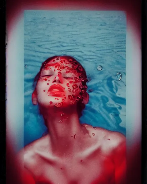 Prompt: a woman's face in the water, serene emotion, polaroid, vibrant patterns, smokey, red, harsh lighting