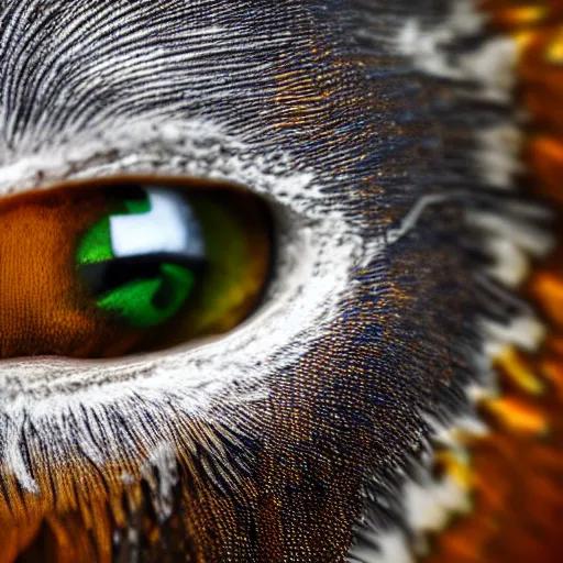 Prompt: fiery whimsical emotional eyes of a microscopic griffin, in a photorealistic macro photograph with shallow DOF