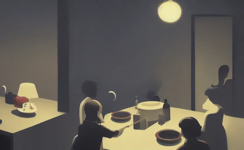 Image similar to a mysterious surreal dimly lit dinner scene illustration by atey ghailan and escher and edward hopper, surreal