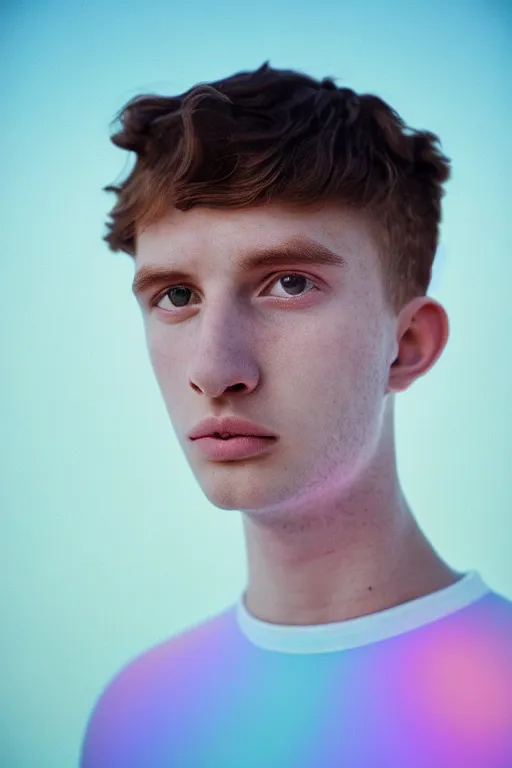 Image similar to high quality pastel coloured film mid angle portrait photograph of a beautiful young 2 0 year old male, soft features, short hair, perspex space visor and oversized inflated clothing!!!! icelandic black! rock pool environment. atmospheric three point light. photographic. art directed. ( pastel colours ). volumetric. clearcoat. waves. 8 k. filmic.