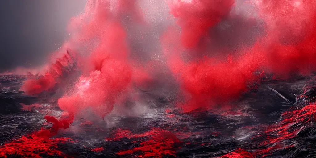 Image similar to a churning, boiling, fiery red sea with lots of smoky black and red steam, fantasy digital art, octane render, beautiful composition, trending on artstation, award-winning photograph, masterpiece