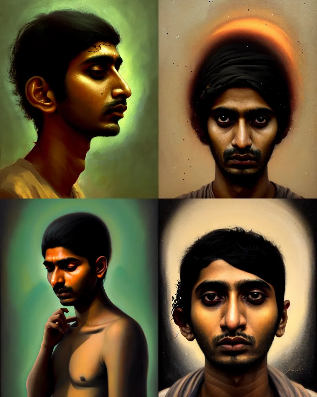 Prompt: a beautiful dramatic portrait of a spaced out hopeless indian stoner 2 5 years old boy, by afarin sajedi, by greg rutkowski, trending on artstation, oil on canvas, rococo color scheme, dark background, masterpiece, cinematic composition, brilliant soft lights, hyper - detailed, sharp, no frames, 8 k