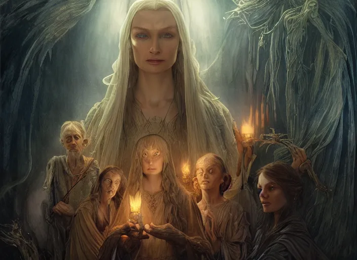 Prompt: a dramatic highly detailed render of the Galadriel and Gollum family, Middle-earth , by WLOP and Artgerm and Greg Rutkowski and Alphonse Mucha, Beautiful dynamic dramatic dark moody lighting, shadows, cinematic atmosphere, Artstation, Octane render, 8K, masterpiece, sharp focus, hyperrealistic, photograph