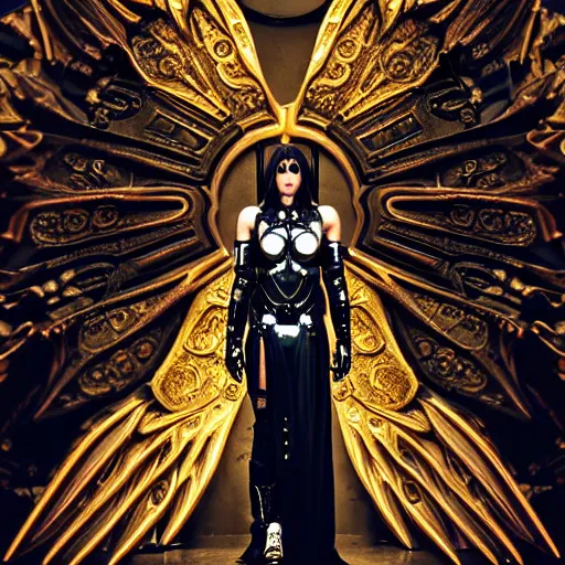 Image similar to female cyber angel, wings, ornate cyberpunk armor, ornate cyberpunk interior, ruins, cyberpunk cathedral, at ancinet Agora of Athens,Golden Light, Cathedral, 8K, trending on artstation, volumetric light, lightrays, smoke, cinematic, atmospheric, insanely detailed and intricate, hypermaximalist, elegant, ornate, luxury, elite, by James Jean, super detailed, face details trending on artbreeder, golden ratio