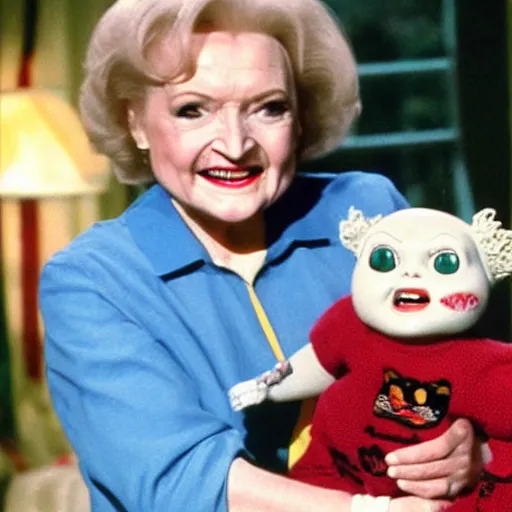 Image similar to betty white holding chucky the killer doll