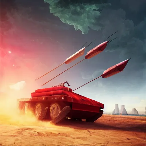 Prompt: Watermelon as military vehicle with epic weapons, launching rockets on a battlefield, russian city as background. Concept digital 3D art in style of Caspar David Friedrich, super rendered in Octane Render, More Military vehicle less watermelon, epic RTX dimensional dramatic light