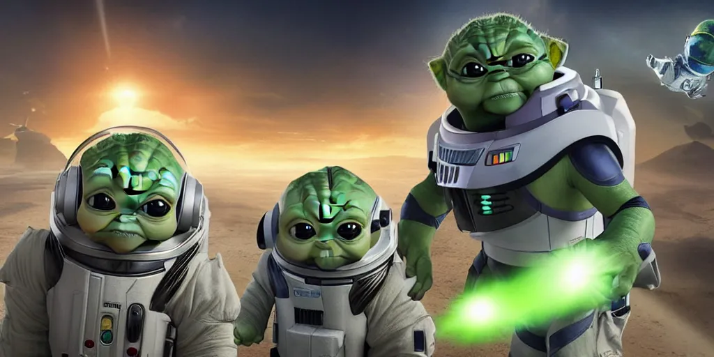 Image similar to a 3 d rendered movie still, wide - angle shot, 1 0 0 meter in the distance, baby yoda wearing a spacesuit, and exploring cosmos in a super awesome space ship. dramatic lighting, imax, 7 0 mm. science fiction blockbuster movie, buzz lightyear.