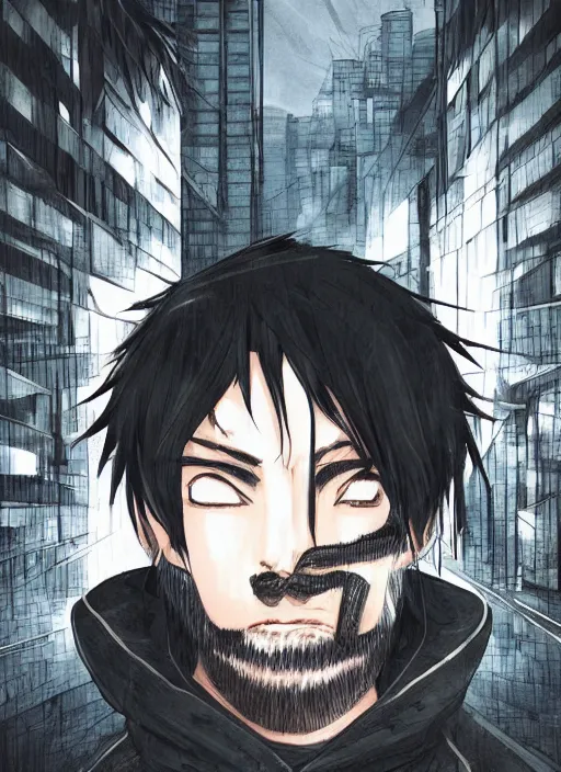 Image similar to manga cover, black-haired man wearing a black hoodie, stubble beard, thick eyebrows, short hair, intricate cyberpunk city, emotional lighting, character illustration by tatsuki fujimoto