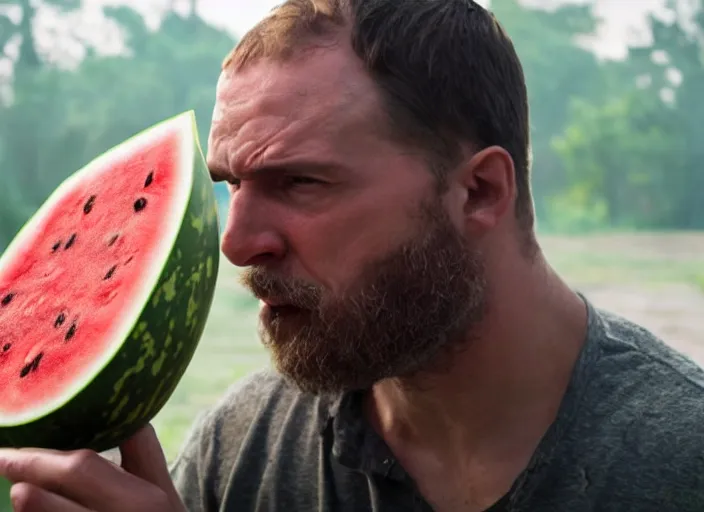 Image similar to film still of a man with a watermelon for a head in the new horror movie, 4 k