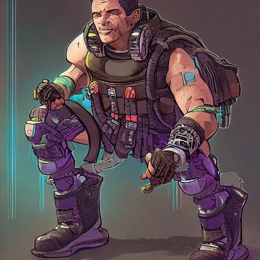 Image similar to Apex legends cyberpunk weightlifter. Concept art by James Gurney and Mœbius.