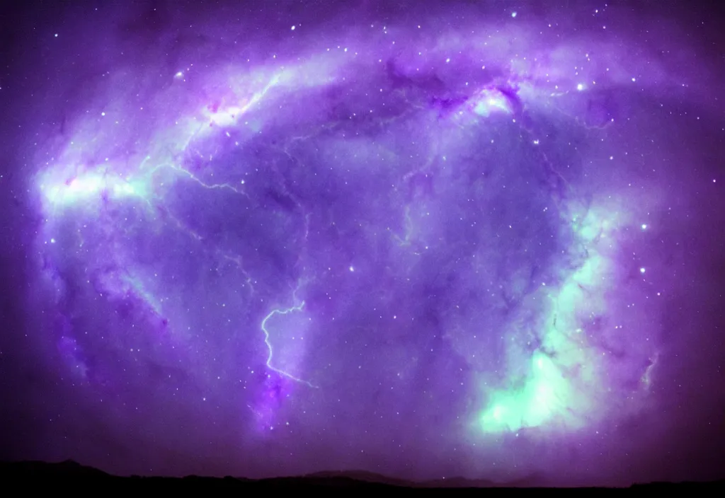 Image similar to purple color lighting storm tornado trippy nebula sky