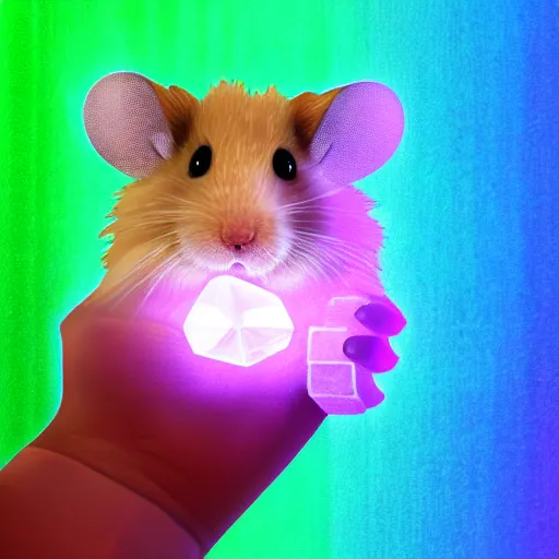 Image similar to cyberpunk hamster holding rainbow gem! crystal, neon lights, light reflection, 8 k, hd