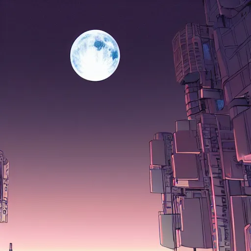 Image similar to point perspective, scifi city in the future, full moon, cyborg in the foreground