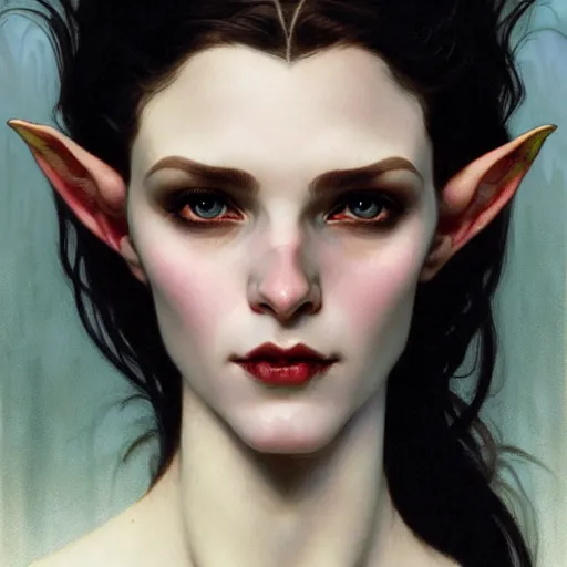 Image similar to Portrait of a pretty half-elf half-vampire young woman. Her hair has black strands and white strands. Her eyes have red irises and vertical pupils. Art by Greg Rutkowski and Alphonse Mucha