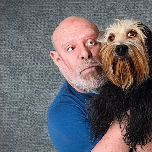 Prompt: worlds ugliest man with his ugly dog, studio photography