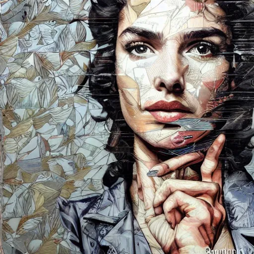 Prompt: by sandra chevrier chestnut, slate grey hyperdetailed. a installation art of a beautiful gal gadot seated at a window, looking out at the viewer with a serene expression on her face. the light from the window illuminates her features & creates a warm, inviting atmosphere. the essence of beauty & tranquility.