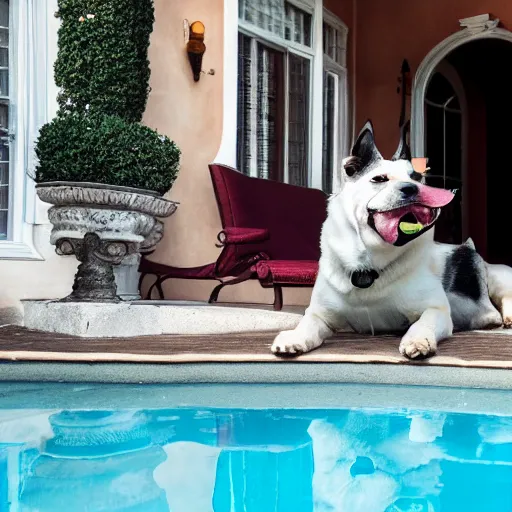 Image similar to a very detailed photo of a dog smoking a cigar outside the mansion by the pool