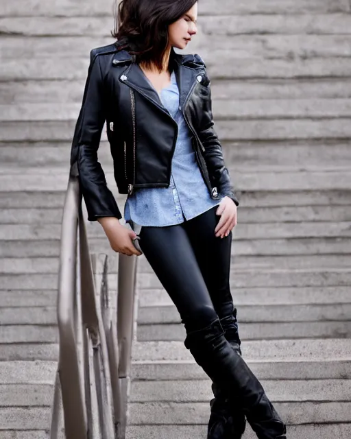 Image similar to young woman in her 20s, she wears a leather jacket and boots, full body shot, taken by a nikon, very detailed face