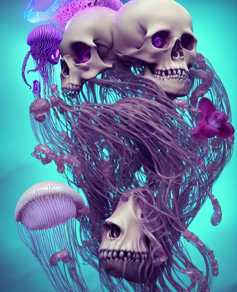 Image similar to goddess close - up portrait human skeleton, ram skull, jellyfish, orchid, betta fish, bioluminiscent, intricate artwork by tooth wu and wlop and beeple. octane render, trending on artstation, greg rutkowski very coherent symmetrical artwork. cinematic, hyper realism, high detail, octane render, 8 k