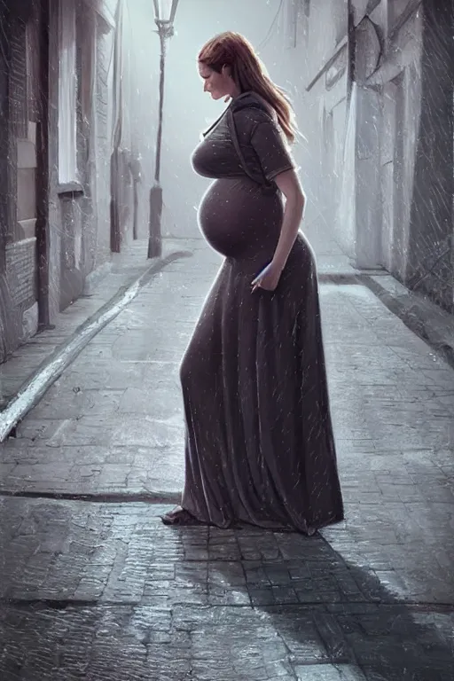 Image similar to pregnant woman under street light, highly detailed, sharp focused, ultra realistic digital concept art by Nikolai Shurygin