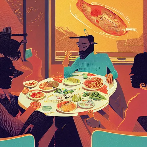 Prompt: illustration of the best meal, by Victo Ngai and James Gilleard and Bruce Pennington