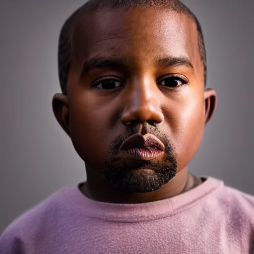 Image similar to the face of kanye west at 4 years old, portrait by julia cameron, chiaroscuro lighting, shallow depth of field, 8 0 mm, f 1. 8