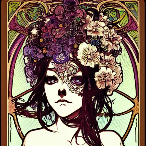 Image similar to anime manga skull portrait woman hair floral comic skeleton illustration style by Alphonse Mucha and James Jean and Sainer Etam pop art nouveau
