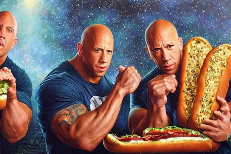 Image similar to portrait of vin diesel and dwayne the rock johnson sharing a footlong sub sandwich, an oil painting by ross tran and thomas kincade