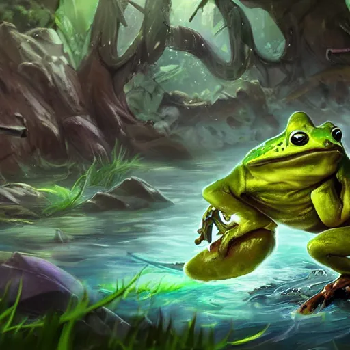 Image similar to beatiful art league of legends splash art of a frog in a swamp