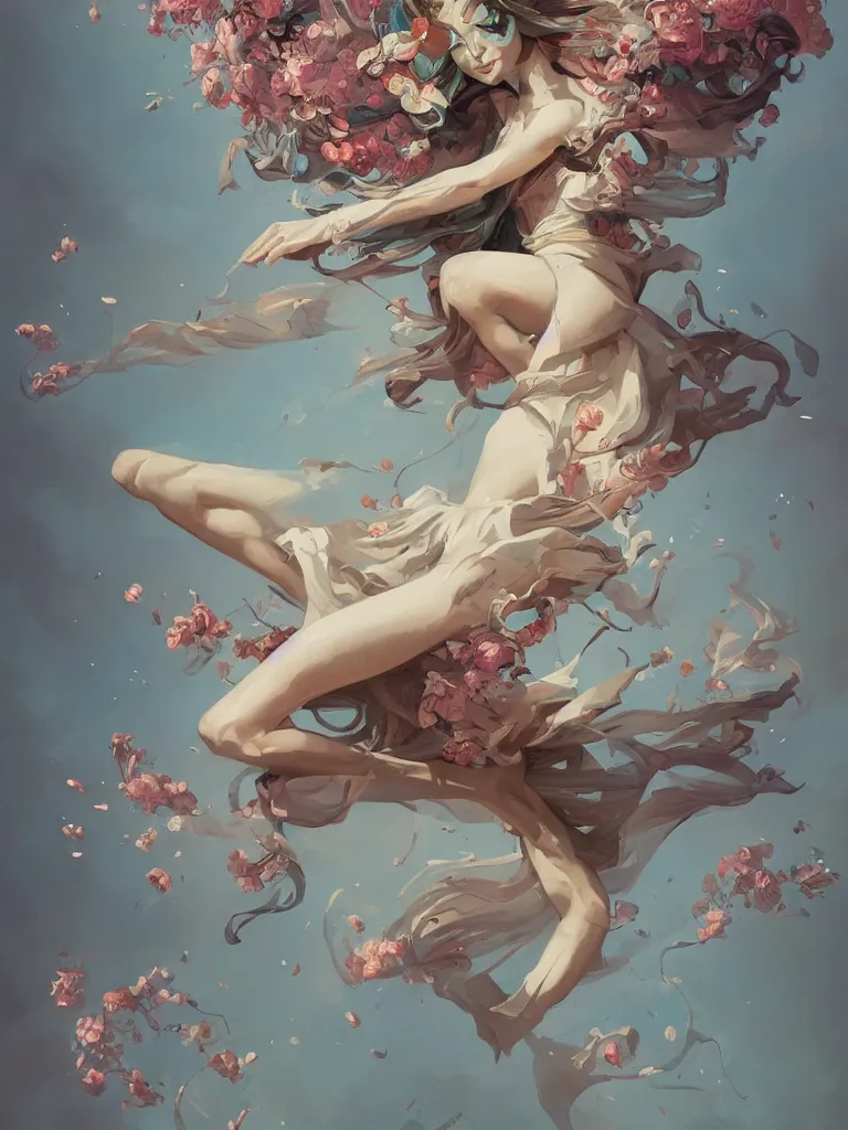 Prompt: a portrait of a flying body covered in flowers in a dynamic pose, in the style of peter mohrbacher, highly detailed, soft lighting, art nouveau patterns, trending on artstation