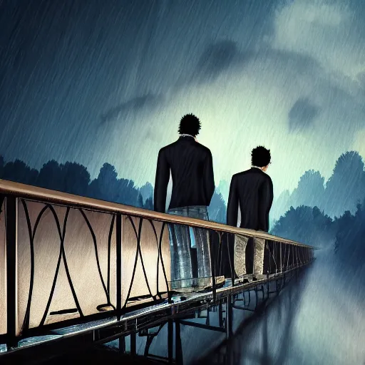 Image similar to two young men, one man human, one man vampire, night, on a bridge,, detailed, intricate, aesthetic, artistic, 8 k resolution in the style of one piece