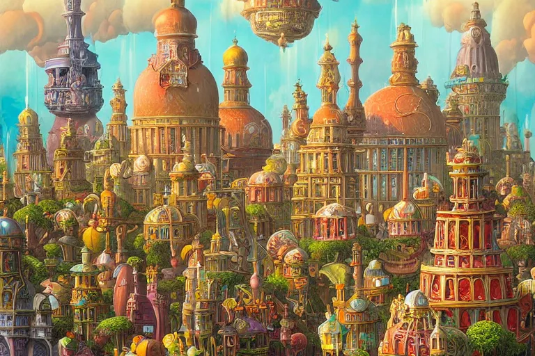 Image similar to Fantasy City built from White Domes by Michael Whelan and Benjamin Lacombe and Jacek Yerka super details, bright colors, ornate background