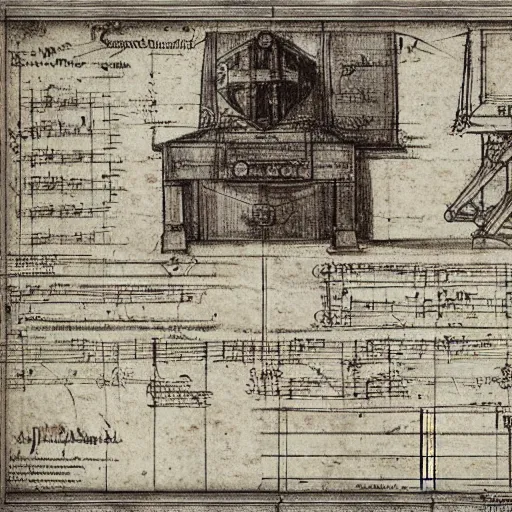 Prompt: leonardo da vinci intricate full page scan blueprint of concept art dark new music instrument on grey paper sketch ink style with music sheet backgroud