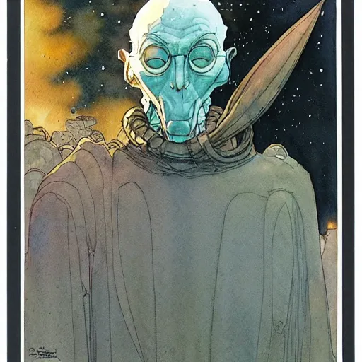 Image similar to a simple and atmospheric watercolour portrait of a pulp sci - fi alien teacher, very muted colors, by rebecca guay, michael kaluta, charles vess and jean moebius giraud