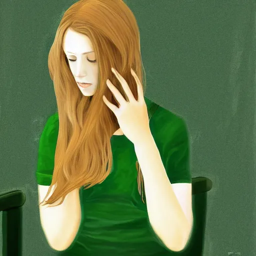 Prompt: portrait digital painting of a young woman with long blond hair sitting on a green bench with her head in her hands, digital art, deviant art