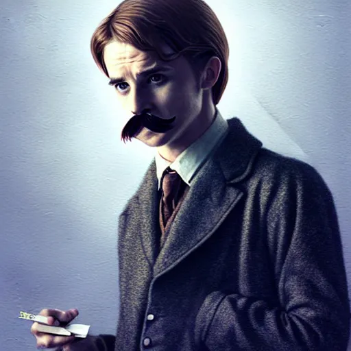 Prompt: emma watson dressed as dr john watson, long hair on head, with moustache, long shot, sherlock bbc movie, intricate, cinematic lighting, digital painting, artstation, concept art, smooth, sharp focus, art by artgerm and greg rutkowski and disney, detailed textures, award winning portrait studio lighting by jessica rossier and brian froud and gaston bussiere
