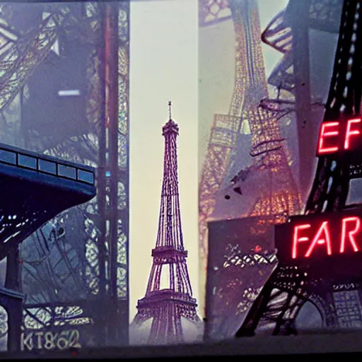 Image similar to A beautiful intricate 8K award-winning ground-level cinematic movie photograph of the future destroyed and decaying Eiffel Tower, surrounded by neon and broken corporate video billboard displays. in the year 2050, by Bruno Delbonnel and greg rutkowski. Arri Alexa 65, IMAX 70mm footage. Dirty billboards. Cinematic lighting